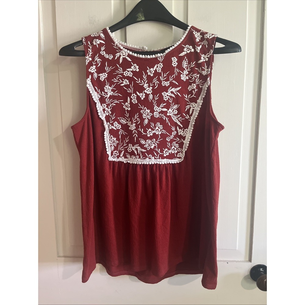 Sleeveless RED Cotton Gauze Floral Embroidery Light Top Blouse Medium